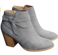 Grey PiePieBuy Women's Tie Knot Chelsea Pump Ankle Boots Closed Toe Stacked Heel Booties Shoes