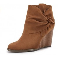 Brown Womens Wedge Ankle Boots Tie Knot Side Zipper Closed Toe Stacked Heel Booties Shoes